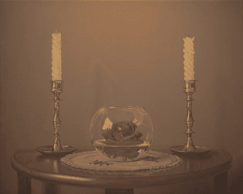 The second stage in the painting "Candles and Rose" showing the drawing in with oil paint of the initial tonal values rendered in blacks, dark browns, neutral earths, and whites, establishing the values throughout.