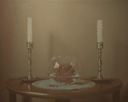 The third stage in the painting "Candles and Rose" showing the introduction with oil paint layers of the initial local colours though at this stage most areas of paint are kept neutral relying mostly on earths, and whites, while continuing to establishing the values throughout.