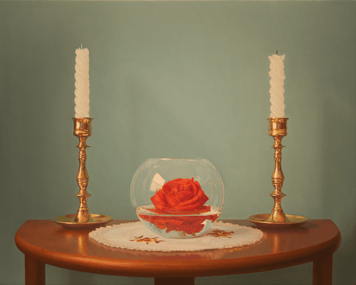 The final stages of the painting "Candles and Rose" the introduction of more brilliant oil paint colours are added to enhance local colours and keeping the neutral passages as a balance of colour, and accentuating the whites and the very dark tones in order to establish the realistic intent.
