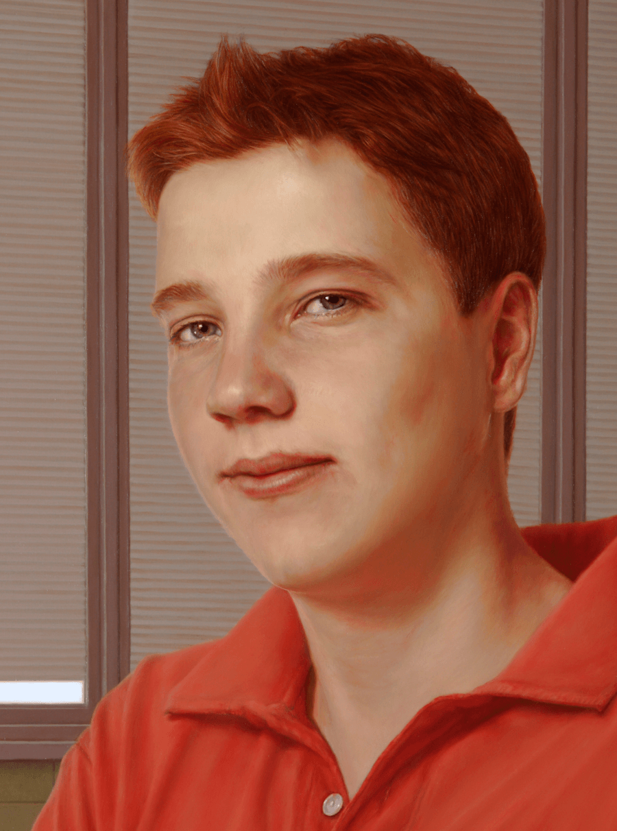 A detailed close-up from the oil painting 'Archer'. This view focuses on the young man's face and the collar of his orange-red shirt, showcasing the fine, realistic rendering of his skin tones and the individual texture of his hair. The background shows the soft-focus vertical lines of the window frames and the subtle, neutral tones of the blinds, emphasizing the clarity and depth of the subject in the foreground. Oil painting by John Hansen.