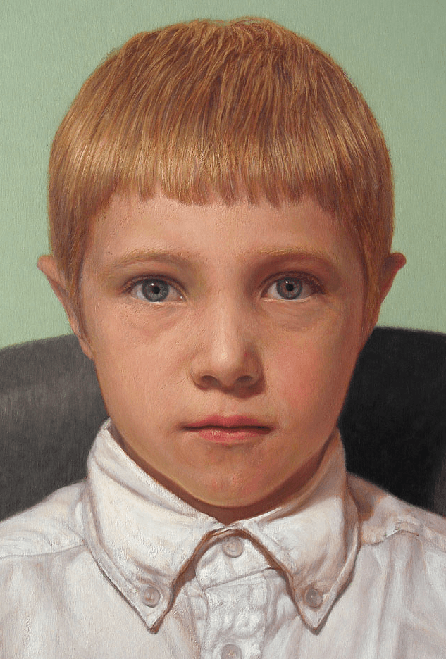 A detailed close-up from the oil painting 'Boy with a CD.' This view focuses on the boy’s head, showcasing the fine, realistic rendering of his features and the soft texture of his hair. The light captures the precise way the shadows and highlights are rendered on the boy's face, emphasizing the intense yet quiet concentration in his expression. Oil painting by John Hansen.