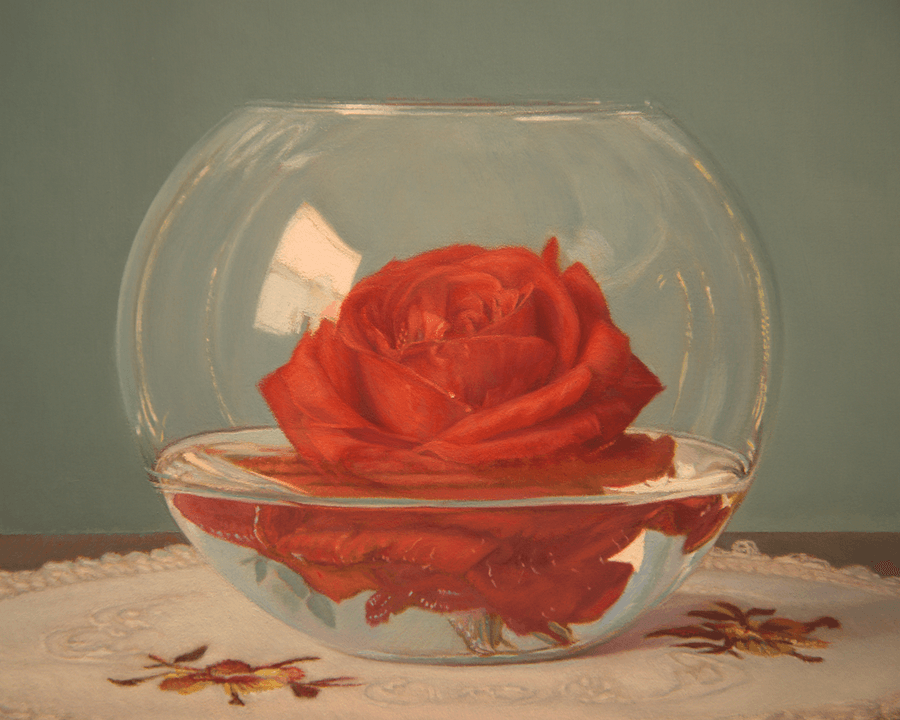 A detailed close-up from the oil painting 'Candles and Rose'. This view focuses on the glass bowl, showcasing the submerged petals of the red rose and the distortion of light through the water. The intricate embroidery of the doily is visible beneath the glass, and a crisp, white window reflection is seen on the upper left curve of the bowl. Oil painting by John Hansen.