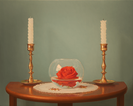 Thumbnail: Candles and Rose, still life oil painting by John Hansen