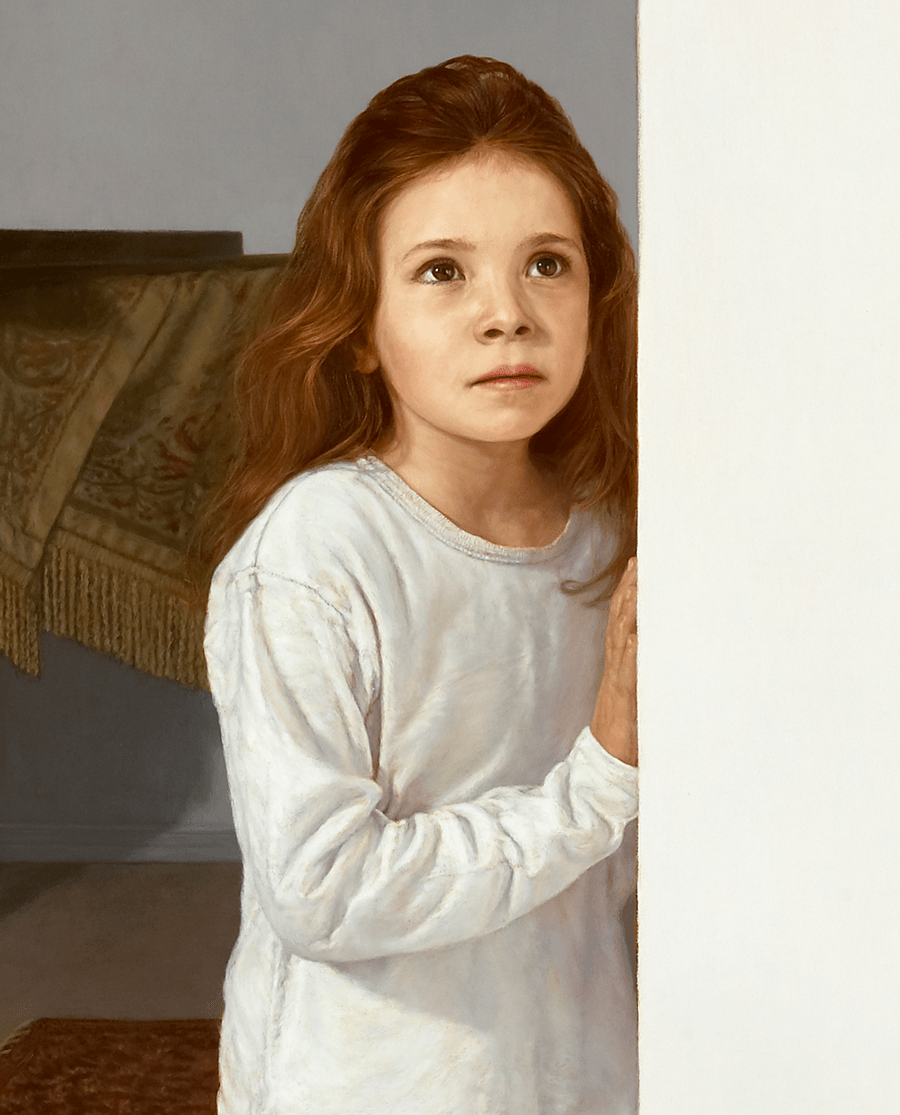 A detailed close-up from the oil painting 'Girl with a Balloon.' This view focuses on the girl’s face and the interior room showing a view of a grand piano, highlighting the fine, layered brushwork of her hair and the subtle transitions of light on her features. The bright light on the white cotton blouse's surface emphasizes its smooth, soft texture, contrasted against the brilliant white hard wall, all of which contrast against the deep tones of the background. Oil painting by John Hansen.