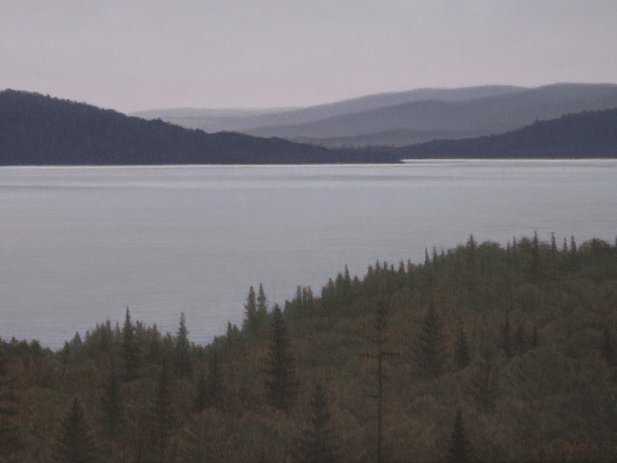 A detailed close-up from the oil painting 'Lake Superior View'. This view highlights the fine, vertical brushstrokes of the foreground evergreens and the subtle, horizontal shifts in the water's surface. It showcases the use of atmospheric perspective, where the edges and colors of the distant hills soften and shift toward a hazy blue-grey as they recede. Oil painting by John Hansen.