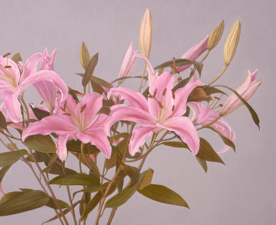 A detailed close-up from the oil painting 'Lilies.' This view focuses on the right side of the blossoms, highlighting the fine, translucent brushwork on the pink petals and the vivid, the closed yellow pods, and textured detail of the pollen-covered stamens. The clarity of the green stems, showcasing the precise handling of light and solidity. Oil painting by John Hansen
