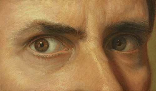 A life-size realist self-portrait, titled "My Eyes", oil painting on panel by John Hansen. The painting is a close-up study of the artist’s face, showing a man with short grey hair and a focused, contemplative expression. The lighting is dramatic, coming from the left side to highlight the painting technique allowing for smooth transitions and a high level of realist detail of the skin and the intensity of the eyes. The background is a complimentary, neutral green tone, which pushes the face forward and emphasizes the direct, life-like gaze. This is the complete, uncropped composition.