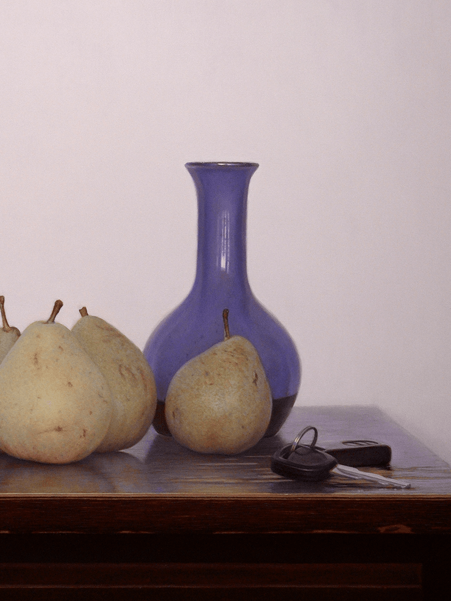 A detailed close-up from the oil painting 'Pears on a Table,' highlighting the varied textures of the objects. The smooth, cool purple surface of the vase and the sharp, functional edges of the car keys are set against the matte, organic skin of the pears. This view emphasizes the subtle reflections and fine brushwork on the dark wood surface. Oil painting by John Hansen.