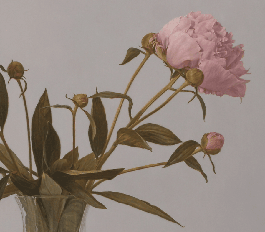 A detailed close-up from the oil painting 'Peonies'. This view highlights the top right portion of the arrangement, showing the dense, overlapping petals of a large pink peony in full bloom alongside several tightly coiled green buds. The painterly rendering of the leaves and the subtle reflections on the rim of the crystal vase are visible against the soft, neutral background. Oil painting by John Hansen.