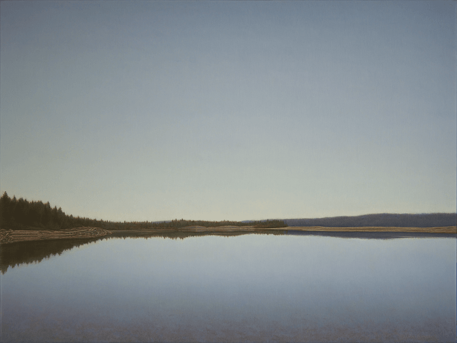 An oil painting depicting a vast, serene body of still water reflecting a distant tree-lined shoreline under a soft, expansive pale sky. A shoreline with piled logs and dense evergreen trees sits on the left, mirrored along the calm water's surface. Oil painting by John Hansen