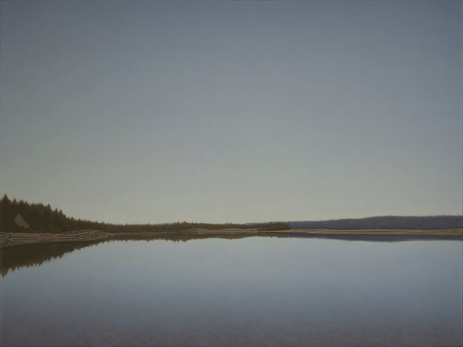 An oil painting depicting a vast, serene body of still water reflecting a distant tree-lined shoreline under a soft, expansive pale sky. A shoreline with piled logs and dense evergreen trees sits on the left, mirrored along the calm water's surface. Oil painting by John Hansen