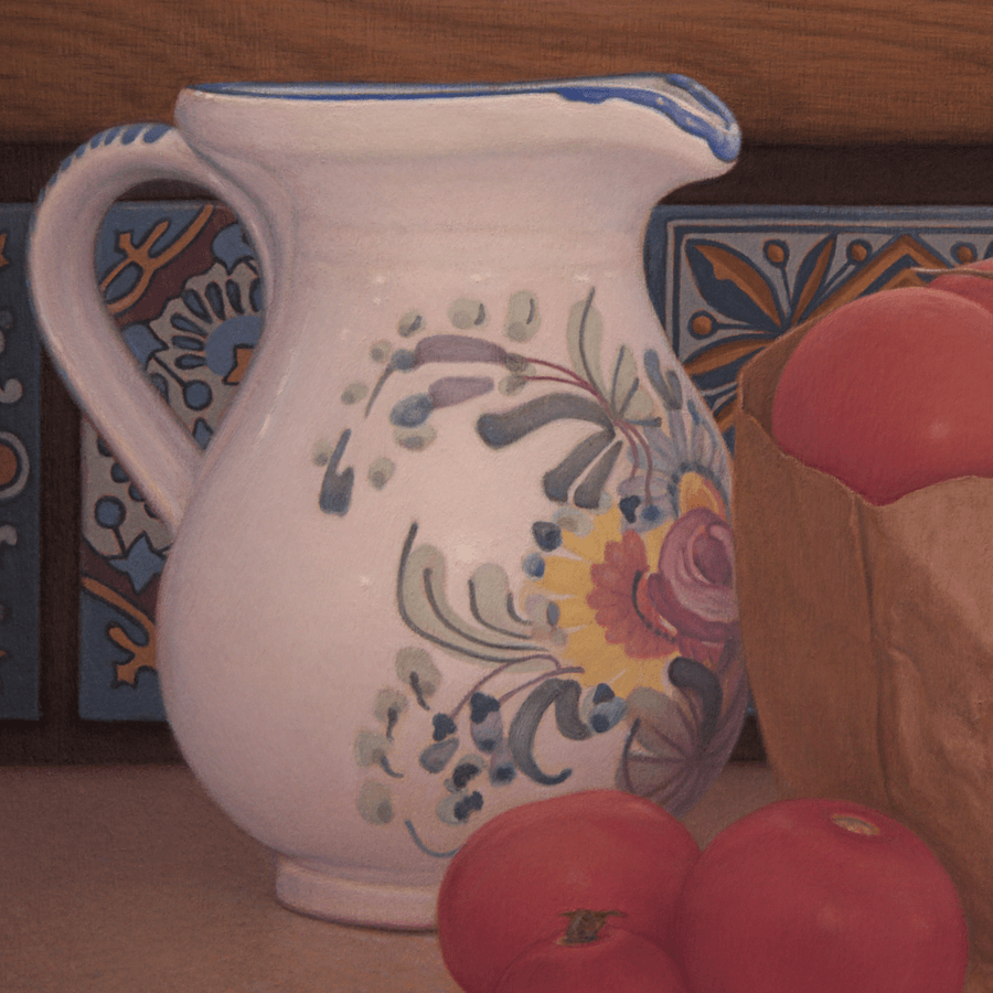 Detail of Oil painting Tomatoes and Floral Pitcher by John Hansen Artist