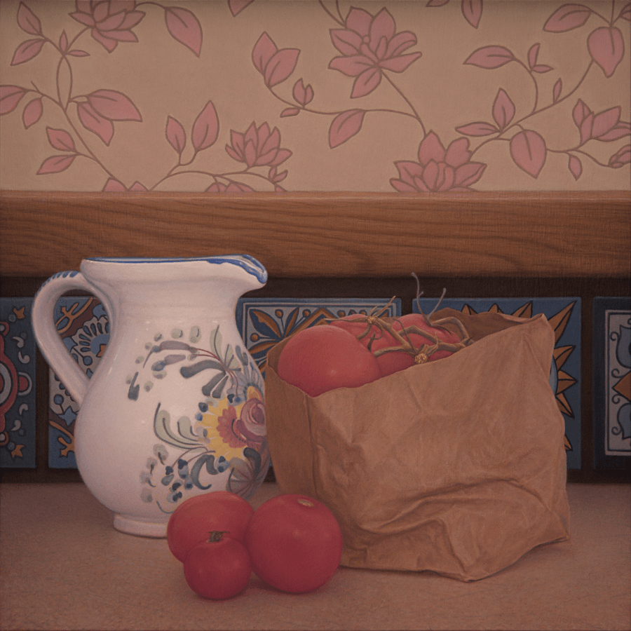 A realist still life oil painting titled 'Tomatoes and Floral Pitcher.' A white ceramic pitcher with blue trim and delicate hand-painted floral motifs sits beside a crumpled brown paper bag filled with vibrant red tomatoes. Two additional tomatoes rest on the surface in the foreground. The background is composed of a row of ornate blue and yellow decorative tiles topped by a wooden ledge and muted pink floral wallpaper. The lighting is soft and diffused, creating a serene, domestic atmosphere. Oil painting by John Hansen.