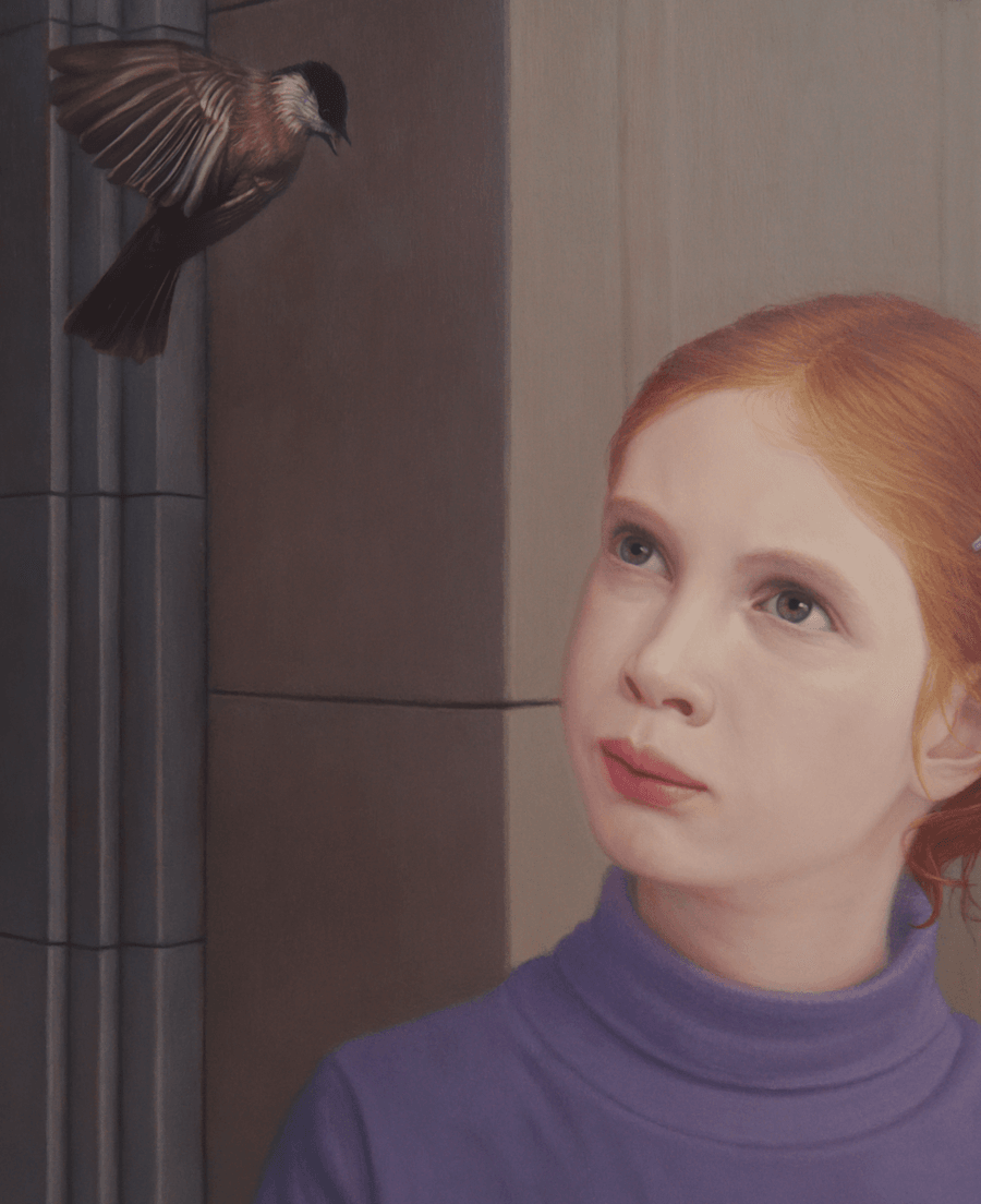 A detailed close-up from the oil painting 'Young Girl with a Bird.' This view focuses on the girl’s face and the bird, showcasing the fine, realistic rendering of her features and the intricate texture of the bird's feathers. The soft light emphasizes the gentle connection between the girl and the bird, highlighting the subtle transitions of tone in her skin and hair. Oil painting by John Hansen.