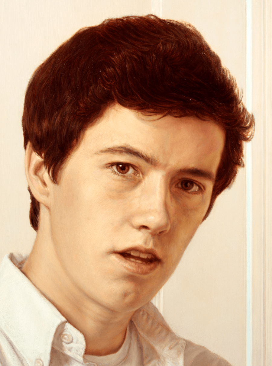 A detailed close-up from the oil painting 'Young Man with Keys.' This view focuses on the young man's face, showcasing the fine brushwork used to render the dark texture in the hair and the subtle realistic skin tones and the soft texture of the white shirt collar. Oil painting by John Hansen.