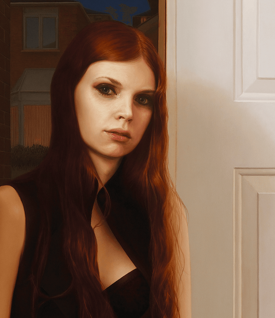 A detailed close-up from the oil painting 'Young Woman with Red Gloves'. This view focuses on the woman's face and upper torso, showcasing the fine, smooth transitions of tone in her skin and the intricate texture of her long red hair. The light catches the right side of her face and the edge of the door frame, creating a sense of depth and a quiet, introspective atmosphere. Oil painting by John Hansen.
