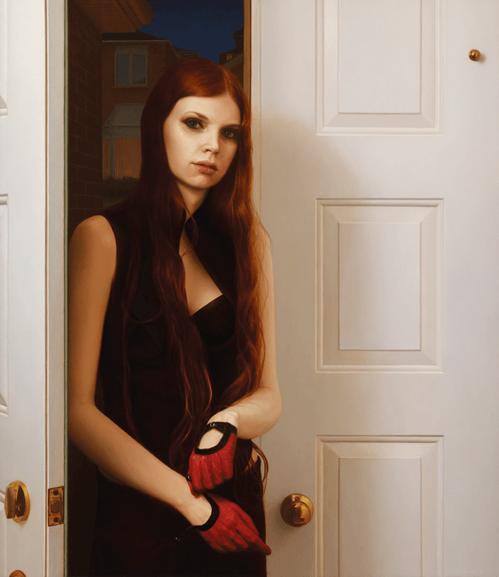 Oil painting Young Woman with Red Gloves by John Hansen Artist