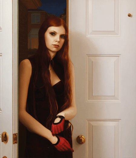 Thumbnail: Young Woman with Red Gloves, figurative oil painting by John Hansen