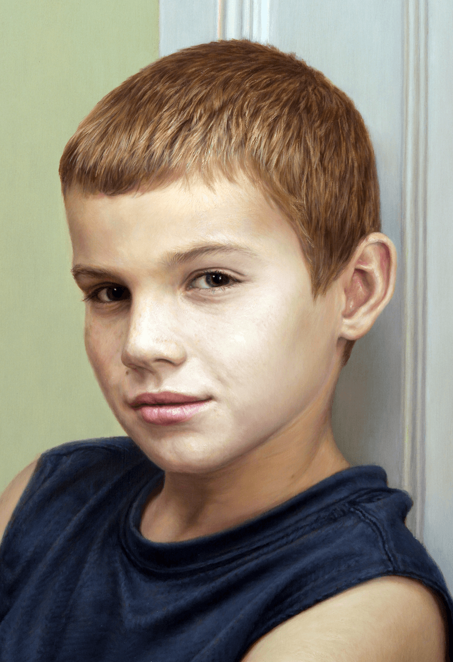 A detailed close-up from the oil painting 'Youth.' This view focuses on the young man’s face and the upper portion of his blue tank top. It highlights the fine, realistic rendering of his facial features and the soft, diffused light catching his forehead and cheek. The detail reveals the subtle brushwork used to create the texture of his hair and the fabric of the sports material against the soft green and white tones of the background. Oil painting by John Hansen.