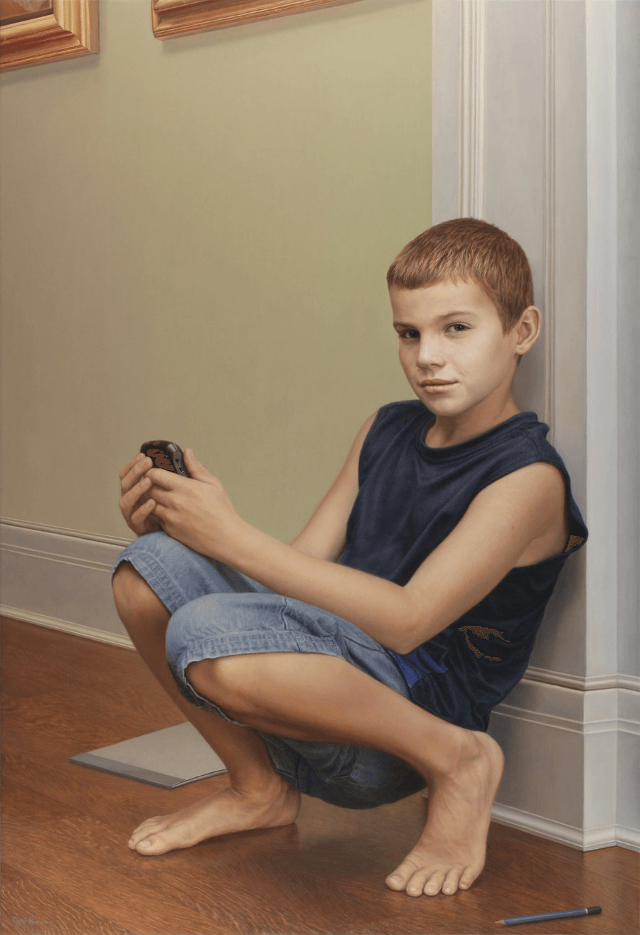 A realist figurative oil painting on panel titled 'Youth,' measuring 38 inches by 26 inches. A young man with short, brown hair holding a cell phone crouches in a modern interior, looking toward the viewer with a knowing expression. He wears a deep blue sport top and blue jean trousers. Behind him is a white panelled door jam a warm green, wall section, on the floor near him is a note pad and a pencil. The lighting is soft and even, highlighting the vibrant blue colour of the shirt, the warm wood flooring, and the smooth surfaces of the interior. Oil painting by John Hansen.